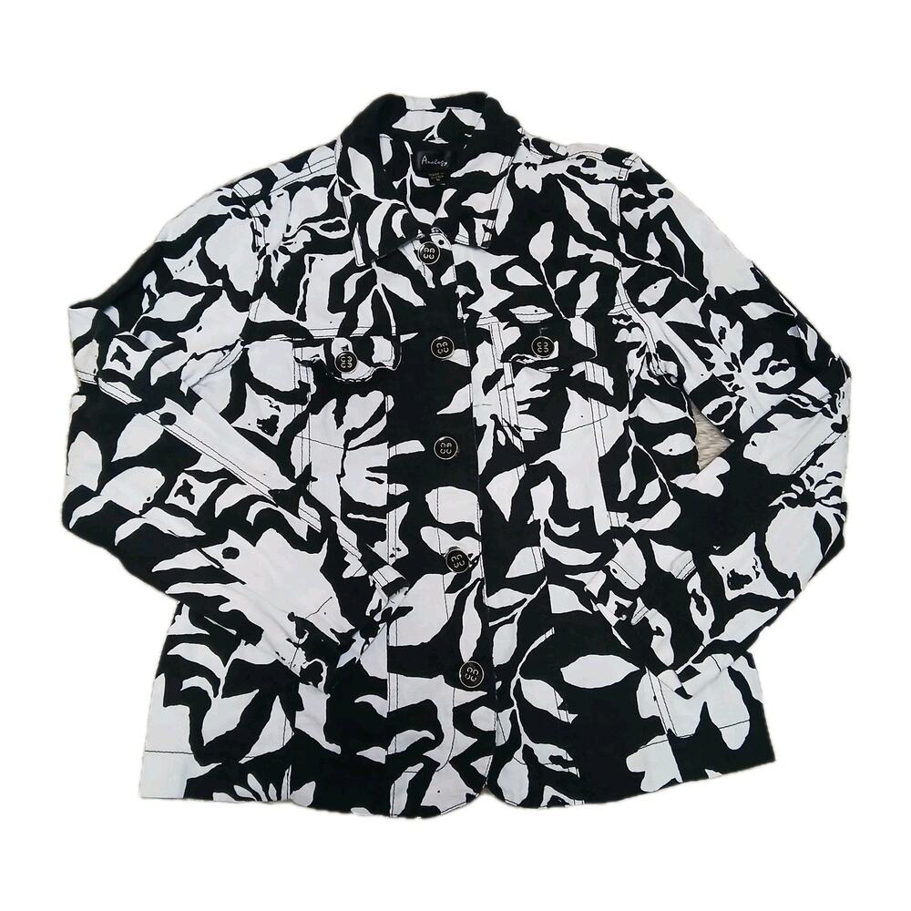 Analogy Black White Floral Print Button Front Jacket Women’s M‎ Cotton Artsy
